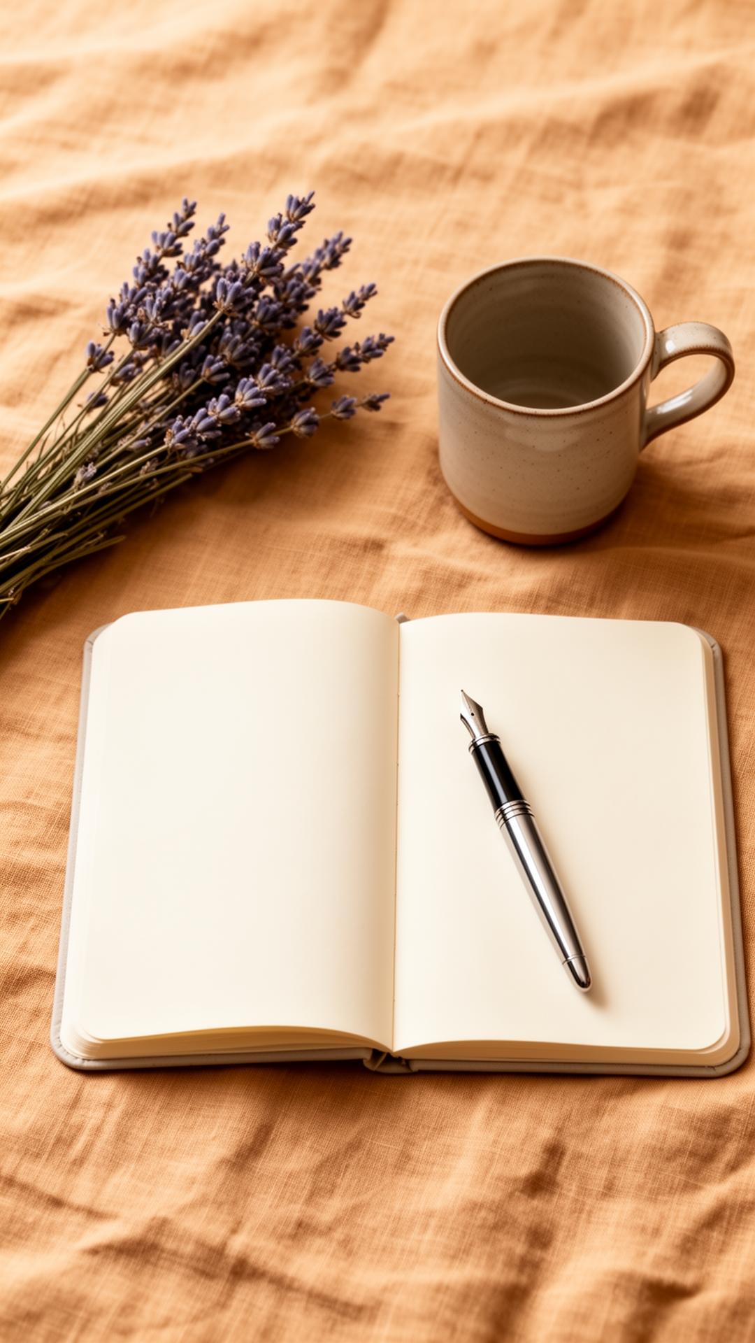 An open journal beside dried lavender and a ceramic mug